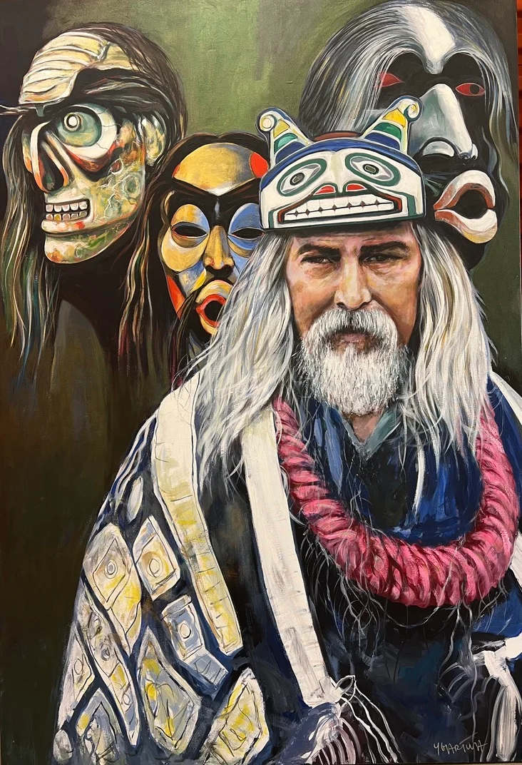 BEAU DICK KWAKWAKA WAKW and CHIEF, ALERT BAY, B.C. NOVEMBER 23,1955-MARCH 27,2017 ACRYLIC ON CANVAS 70X48IN - SOLD