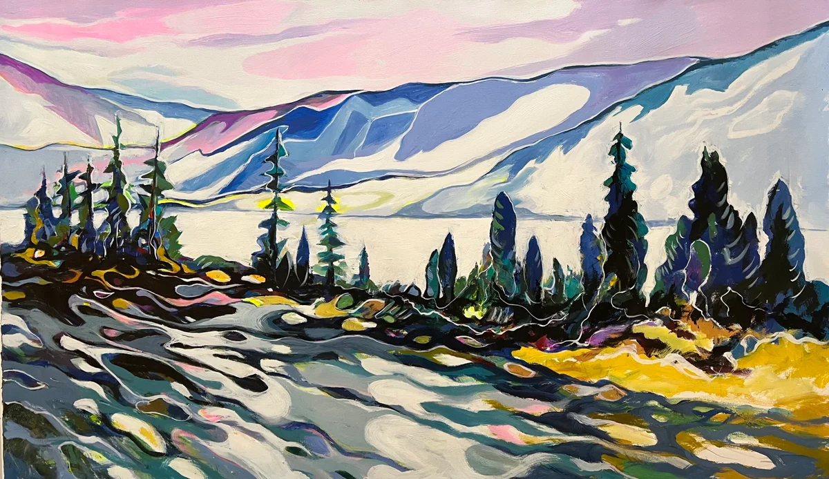 Aurora Over Okanagan Acrylic on Canvas 36 x 60 in (91 x 152 cm) 2025 Ref: PY 1 Price: $4,500 CAD